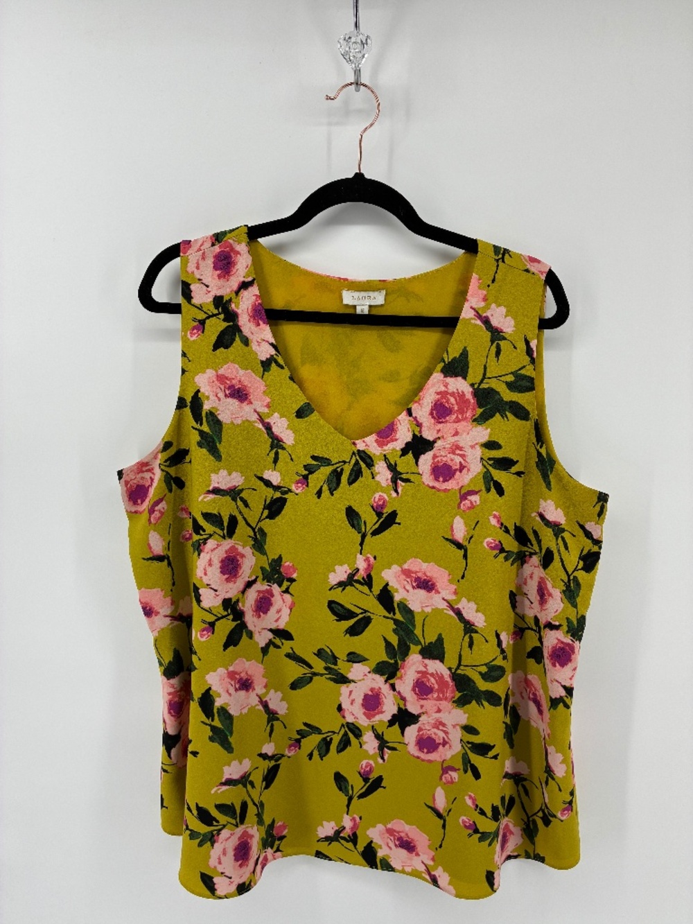 Laura Olive Green Sleeveless Tank Top with Floral Design